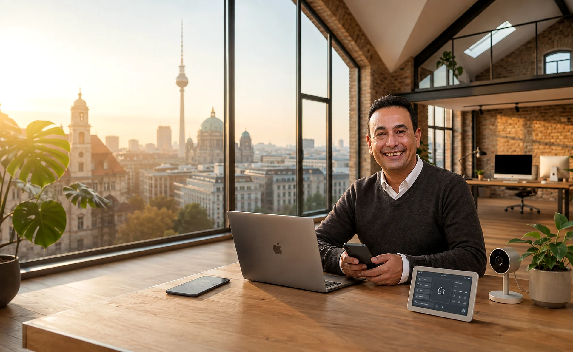 Mohamed Ismail in seinem Berliner Loft-Büro mit Smart-Home-Technik und Blick auf die Skyline