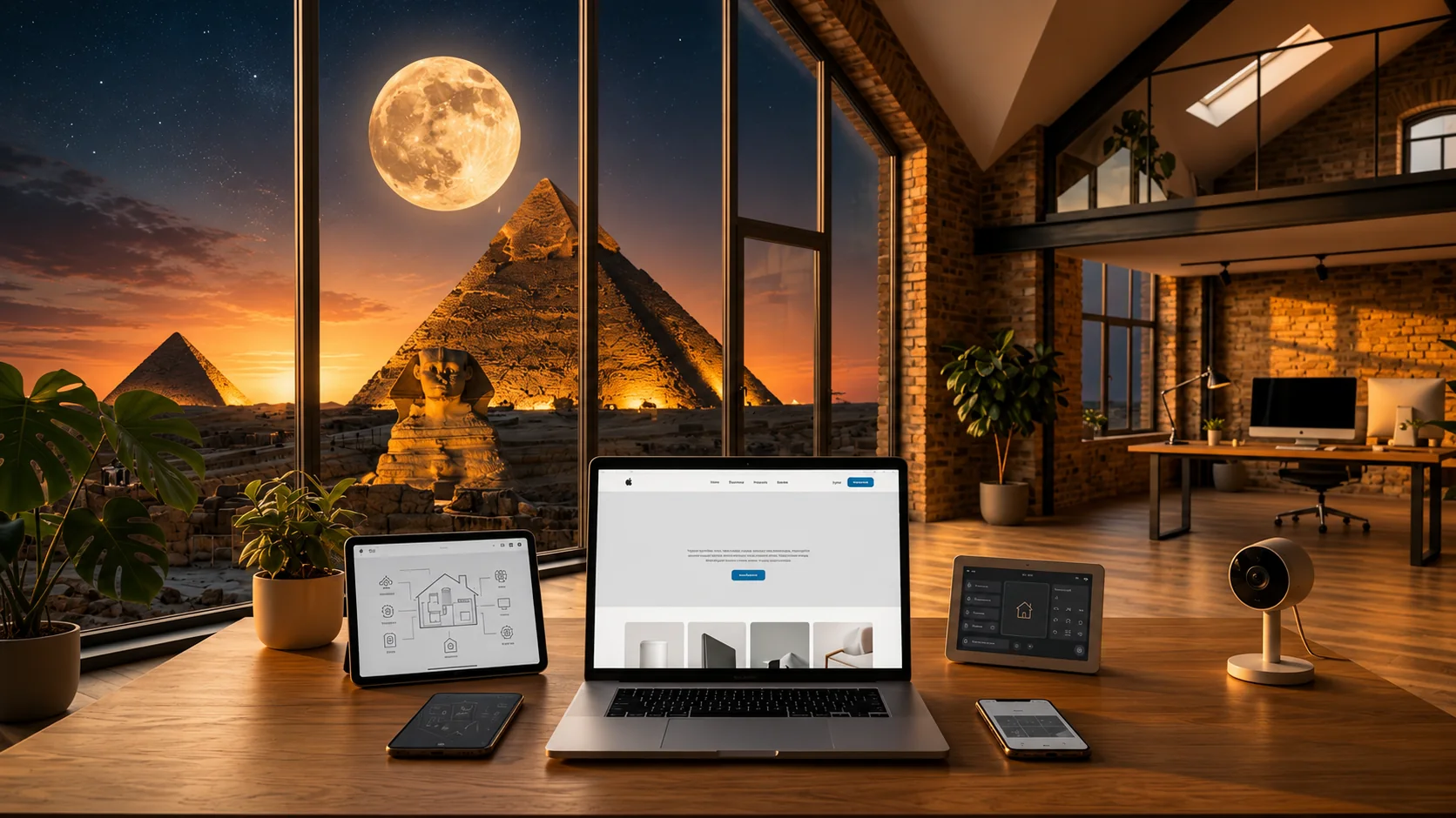 MacBook, iPad und iPhone auf einem Loft-Schreibtisch mit Blick auf die Pyramiden von Gizeh und den Mond bei Nacht
