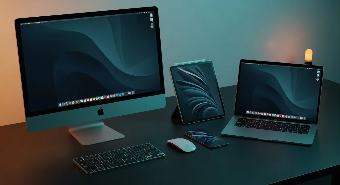 Apple-Workspace von oben — MacBook Pro, iPhone, iPad und AirPods