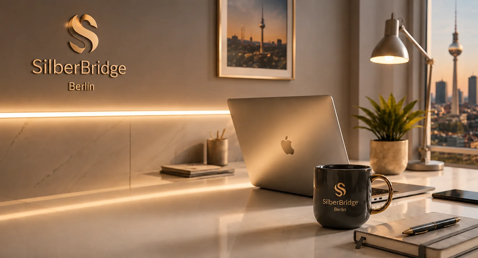 SilberBridge Empfangsbereich mit beleuchtetem Logo, MacBook und Markenbecher auf dem Schreibtisch, Blick auf den Berliner Fernsehturm