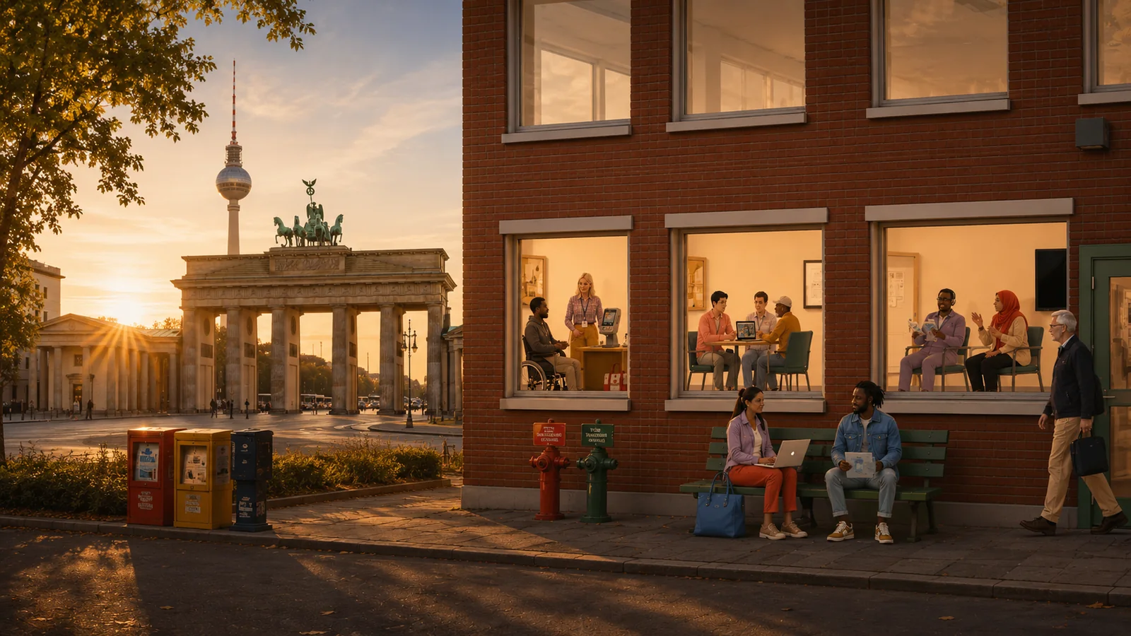 Menschen unterschiedlichen Alters und Hintergrunds tauschen sich vor einem Gemeindebüro in Berlin nahe dem Brandenburger Tor aus