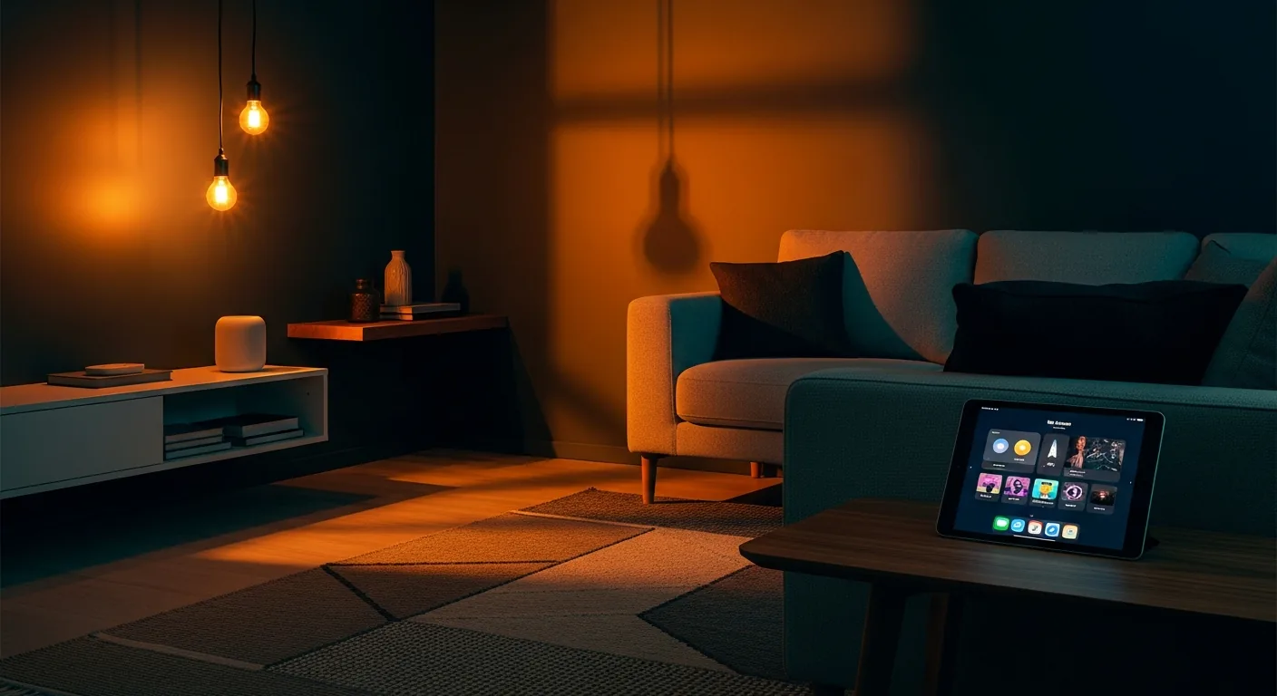 Wohnzimmer mit Smart-Home-Beleuchtung und Apple Home App auf dem iPad