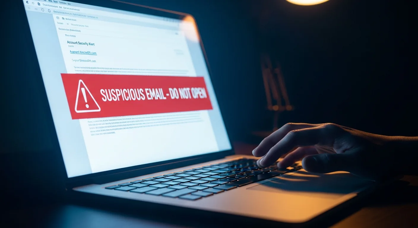 Laptop-Bildschirm zeigt eine verdächtige E-Mail mit Warnhinweis