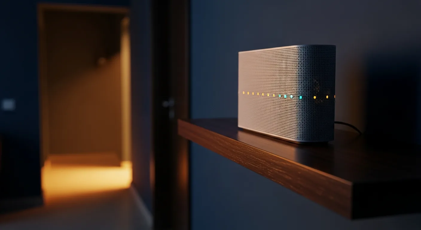 Moderner WLAN-Router auf einem Holzregal in einem Berliner Wohnraum