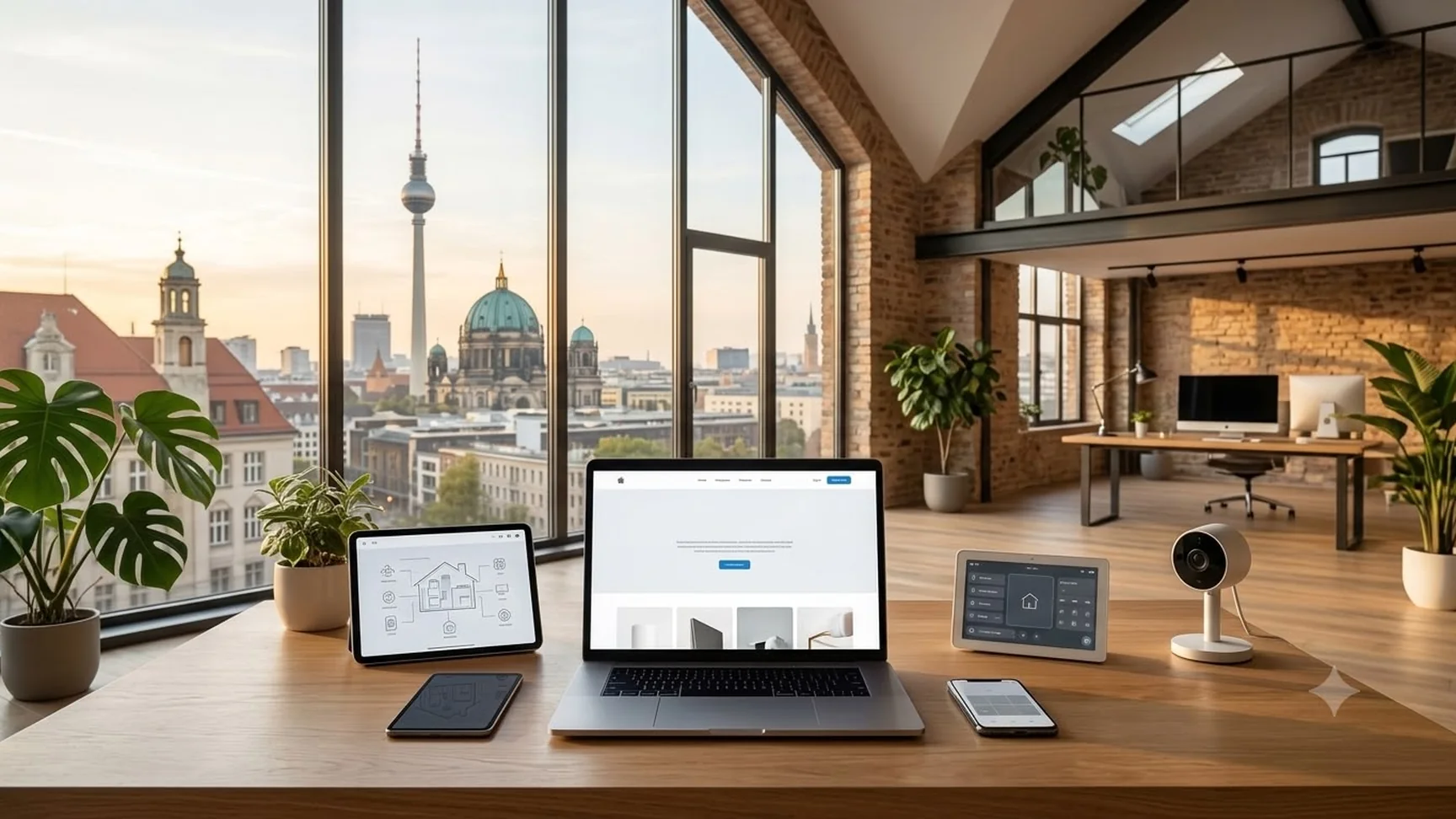 Laptop, Tablet und Smart-Home-Geräte auf einem Loft-Schreibtisch in Berlin mit Blick auf den Fernsehturm und den Berliner Dom