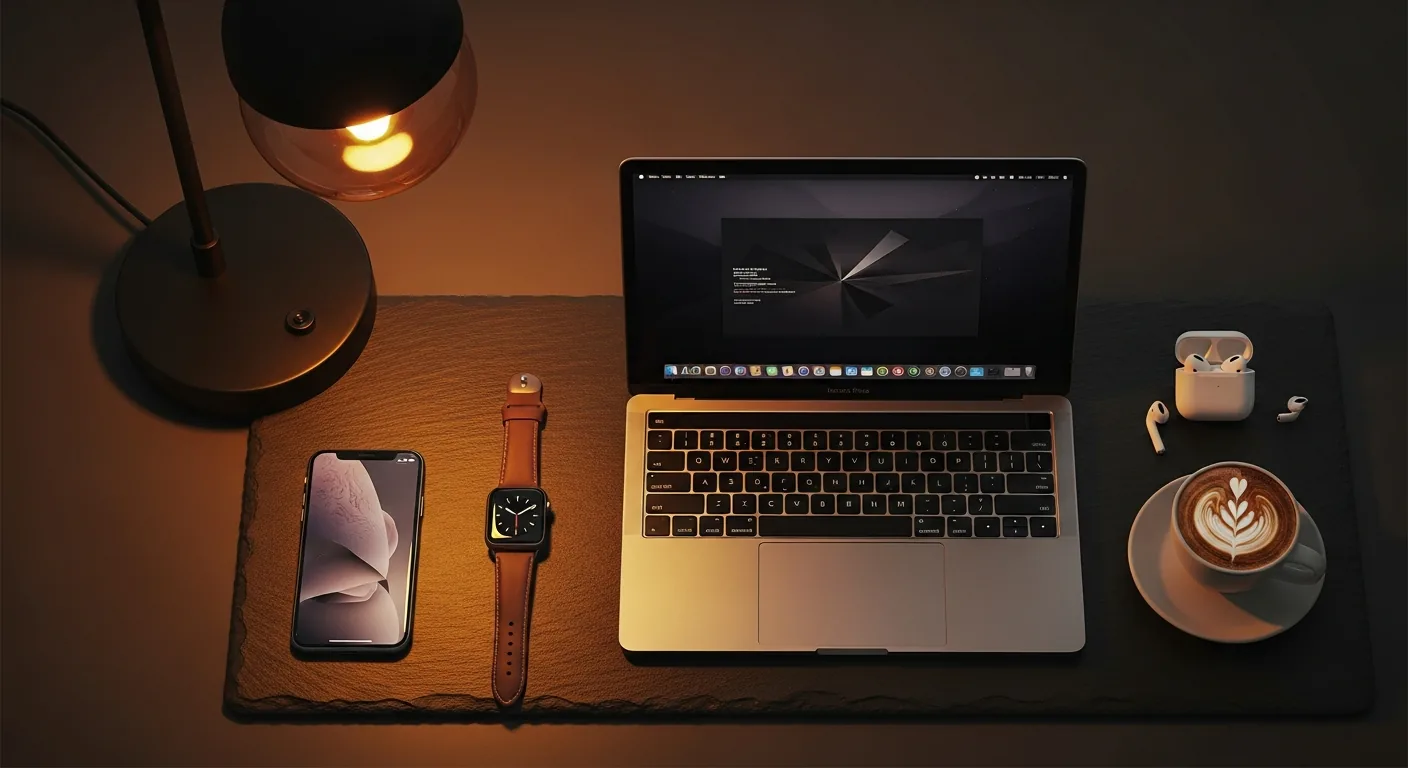 Apple-Geräte — MacBook Pro und iPhone auf dunkler Arbeitsfläche