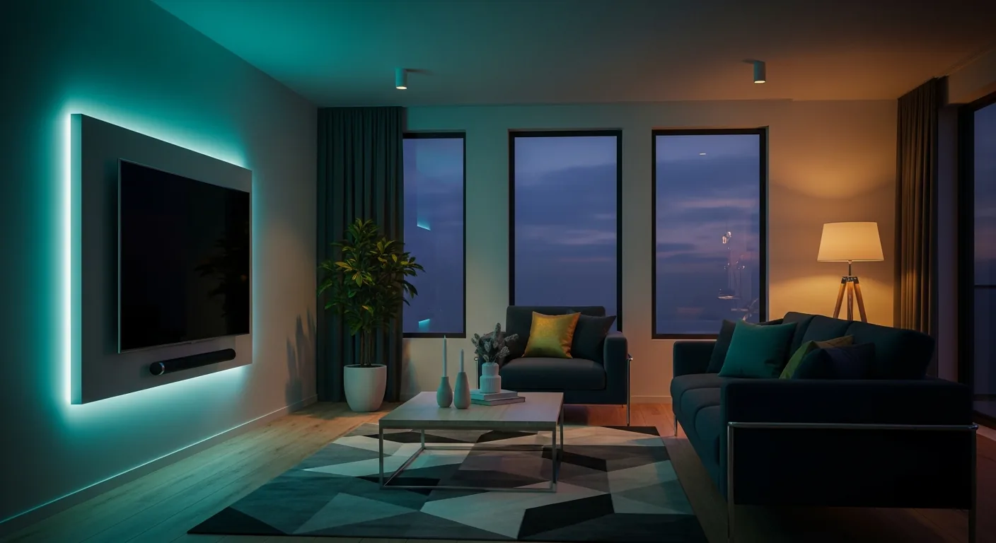 Modernes Wohnzimmer mit Smart-Home-Beleuchtung am Abend