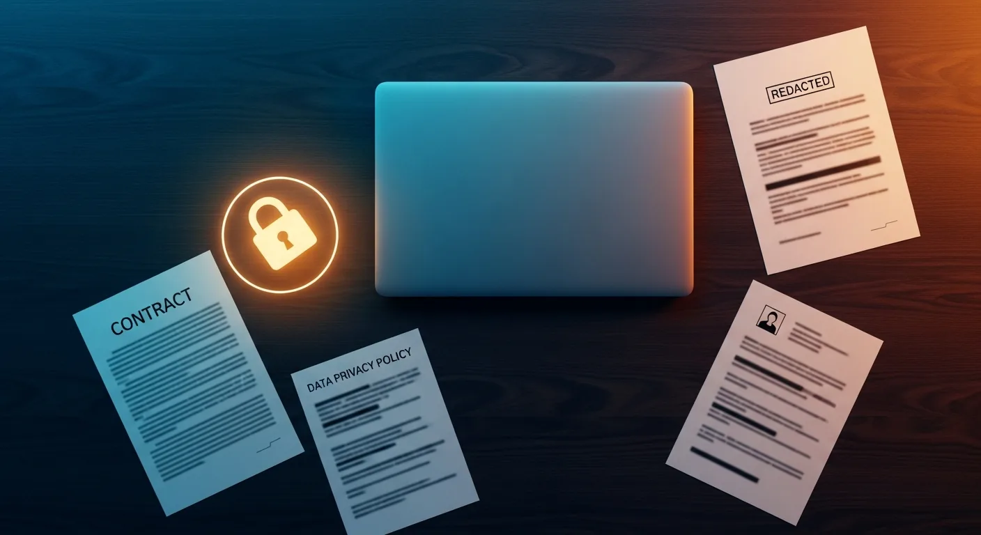 Schreibtisch mit Laptop und Datenschutz-Dokumenten — Datenschutzerklärung