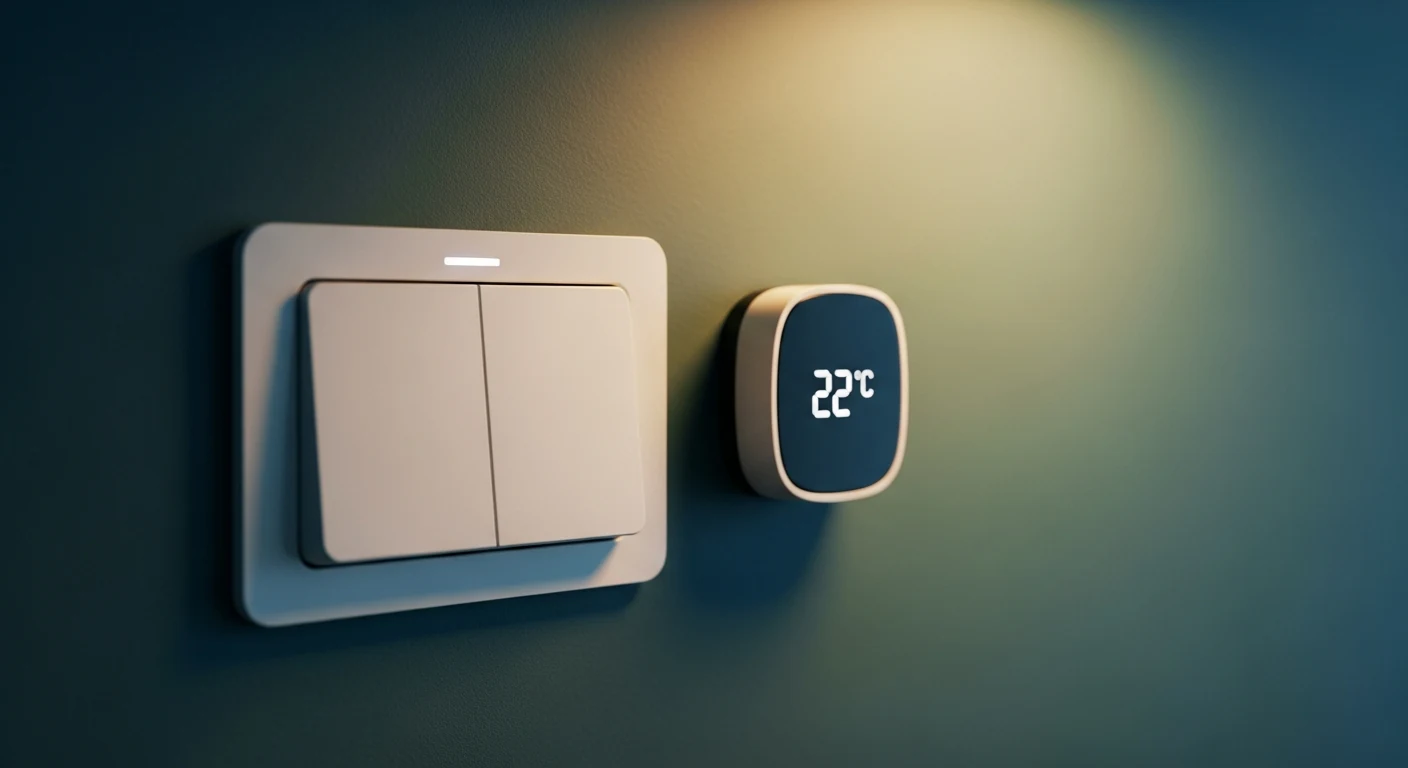 Smart-Lichtschalter und Temperatursensor an einer Wand