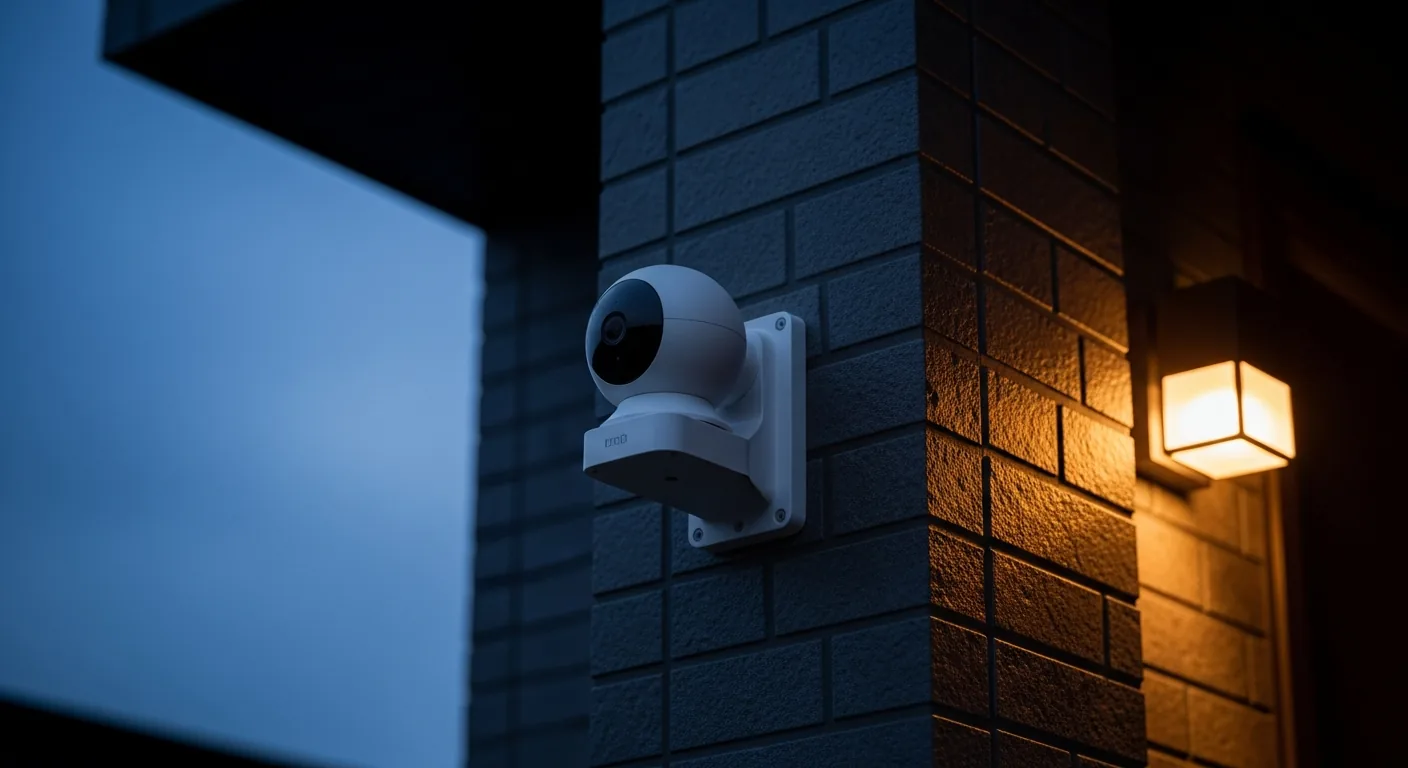 Kompakte Außen-Überwachungskamera an einer Hauswand in der Abenddämmerung