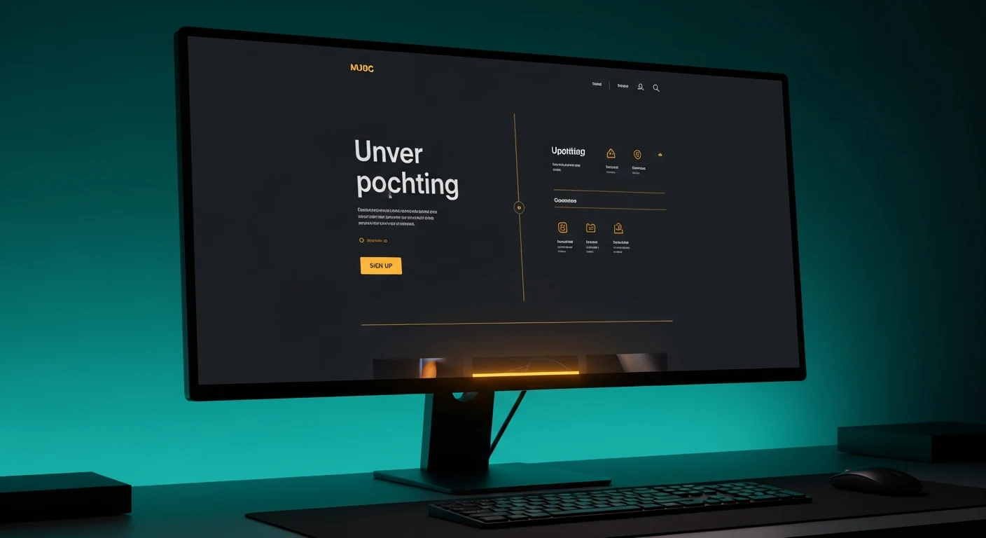 Großer Monitor zeigt ein modernes Website-Design im Dark Mode