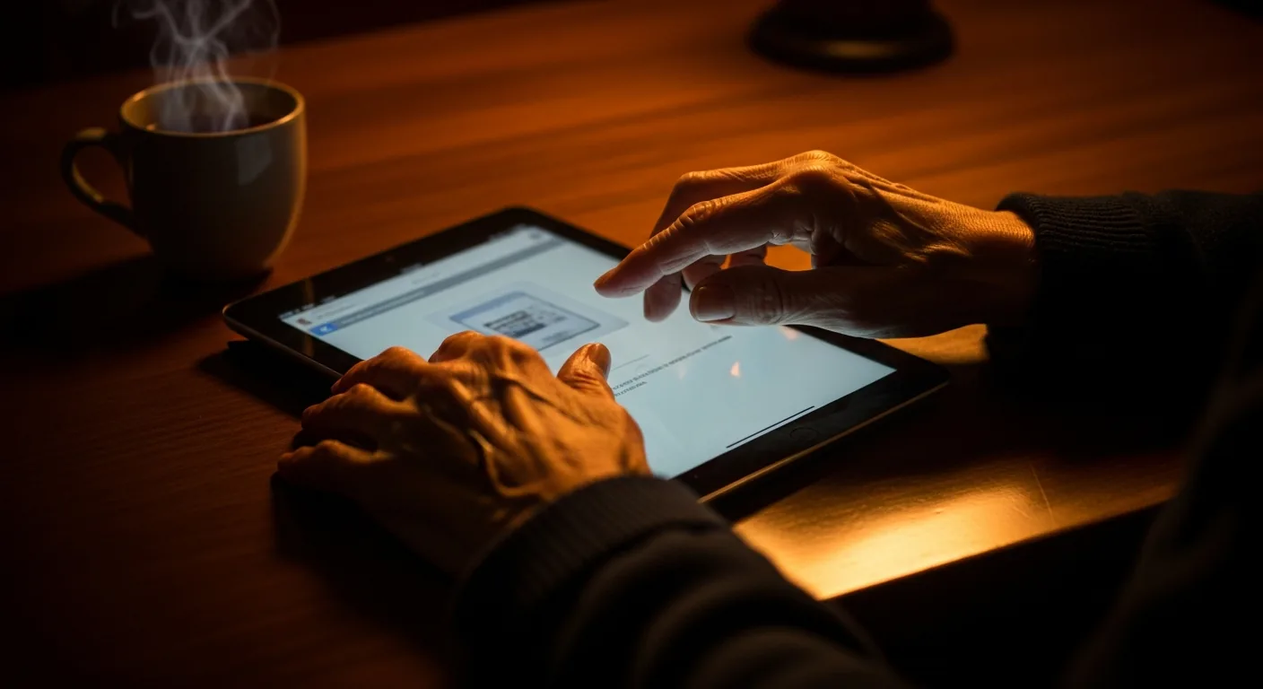 Ältere Person nutzt sicher ein iPad in einer hellen Küche