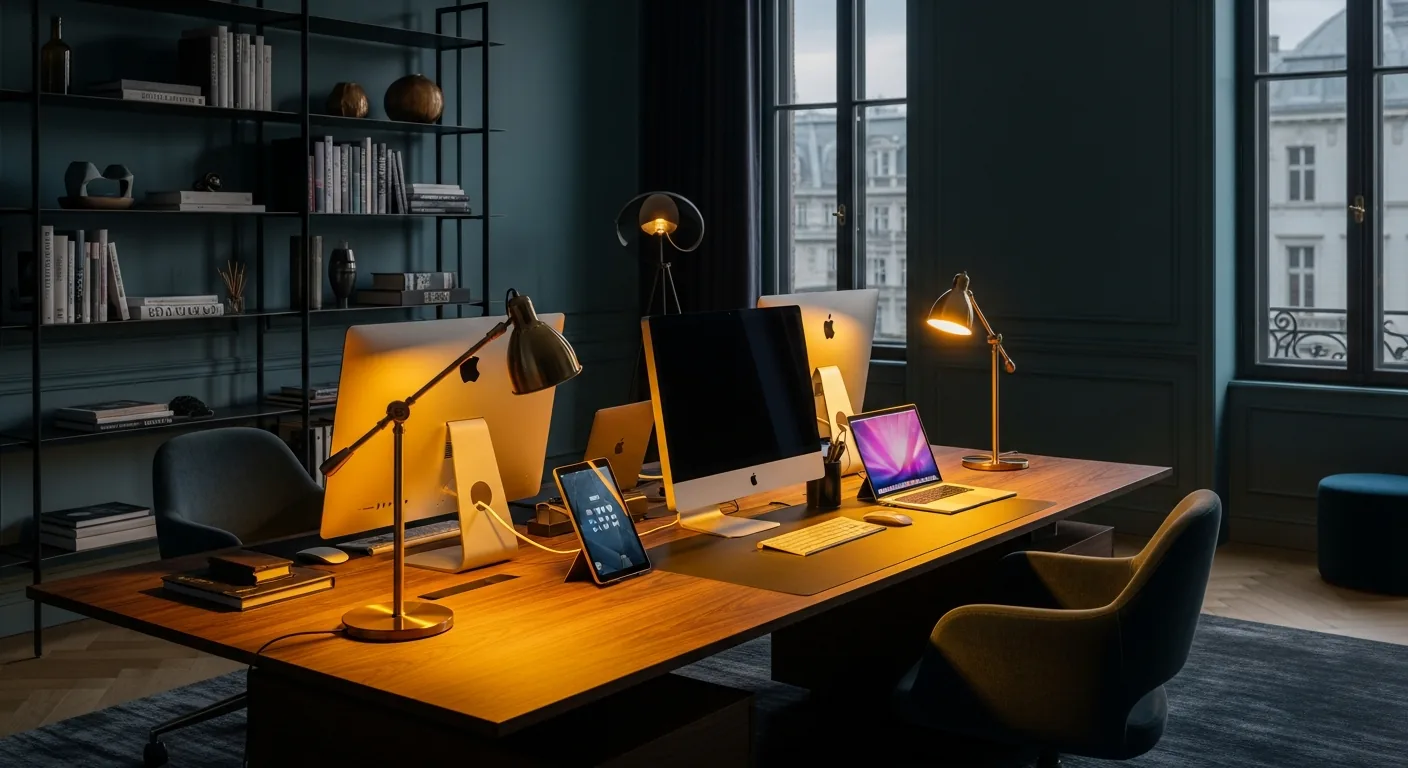 Modernes Heimarbeitsplatz mit mehreren Apple-Geräten