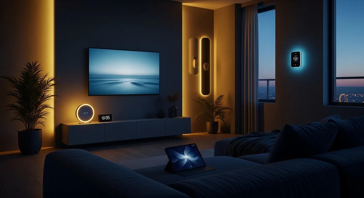 Wohnzimmer mit Smart-Home-Geräten am Abend — Licht, Lautsprecher und Kamera