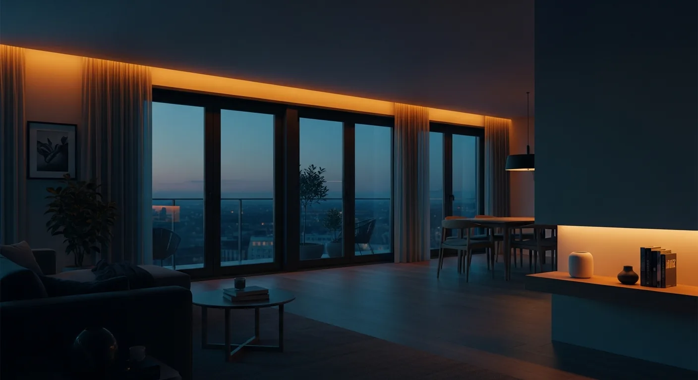Modernes Wohnzimmer mit Smart-Home-Beleuchtung und Apple HomeKit